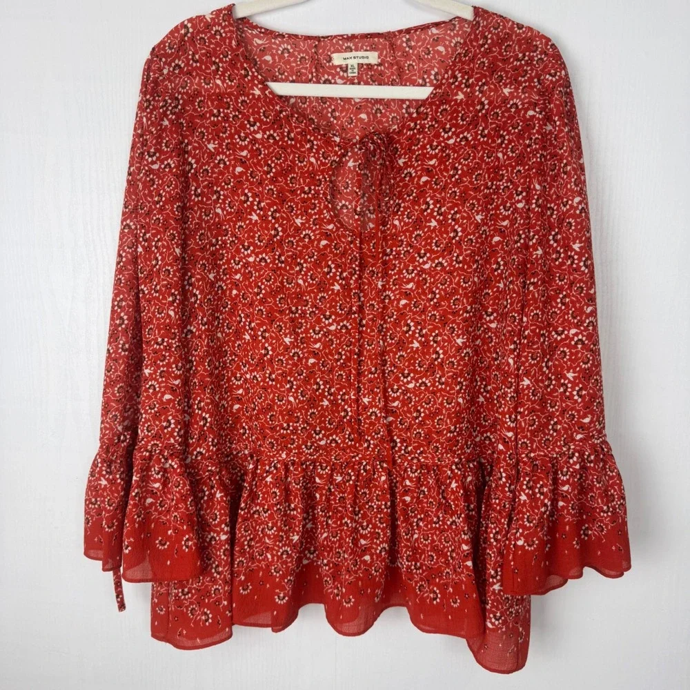 Max‎ Studio Women Red Sz XL Peasant blouse bell sleeves tiered/ruffle hem